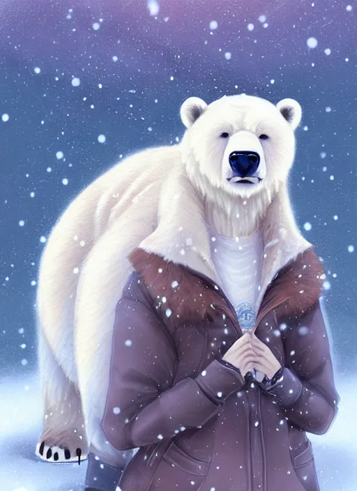 Image similar to award winning beautiful portrait commission art of a female furry anthro polar bear fursona with a cute beautiful attractive detailed furry face wearing cute stylish winter clothes at a comfy winter cabin at dusk by firelight. Character design by charlie bowater, ross tran, artgerm, and makoto shinkai, detailed, inked, western comic book art