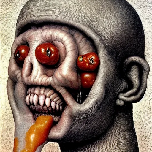 Prompt: a boy like eraserhead and elephant man sitting in a tub full of tomato sauce, looking straight into camera, screaming in desperation, by giuseppe arcimboldo and ambrosius benson, renaissance, fruit, intricate and intense oil paint, a touch of beksinski and hr giger and edward munch, realistic