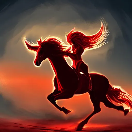 Image similar to a beautiful crimson horse, running, dramatic lighting, golden hour, in the style of dnd concept art
