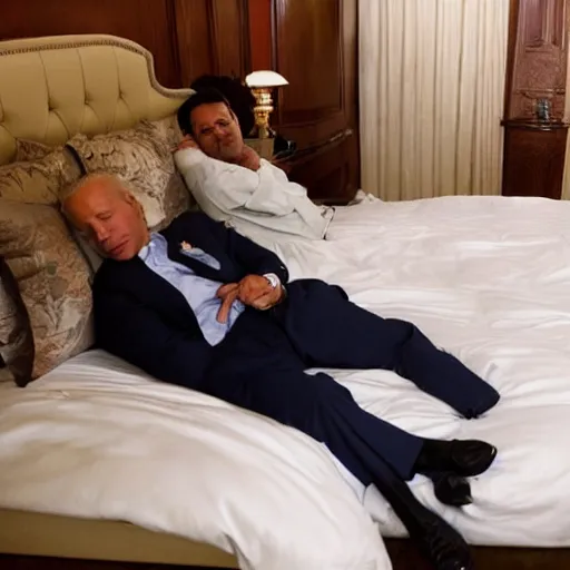 Prompt: Photograph of Joe Biden sleeping in bed with a large Turkish man standing next to the bed, AP photography, 4k