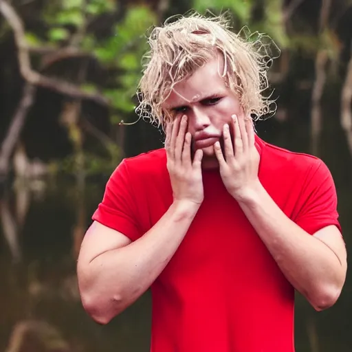 Image similar to sweaty young blond man wearing a soaked red shirt, his hair is wet and messed up, he is sad and lonely