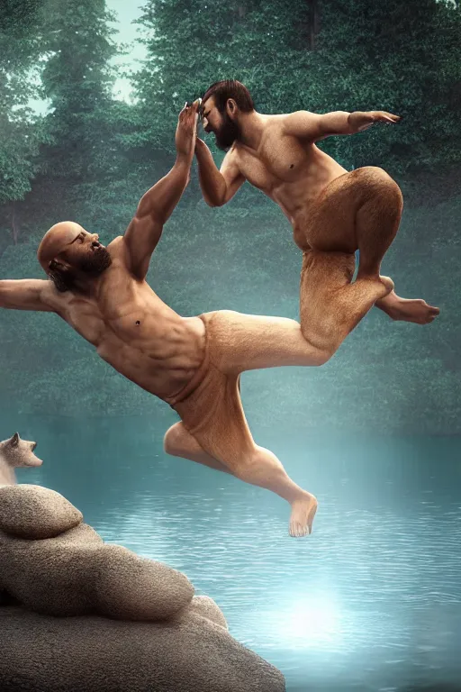 Image similar to fullbody portrait of a bear and a wolf playing capoeira in a hot spring. volumetric light, detailed, photorealistic, fantasy, rendered in octane