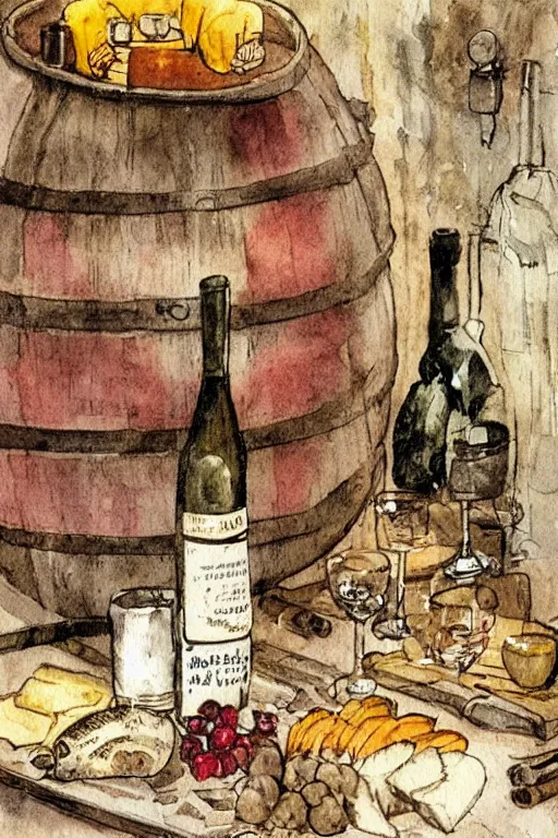 Image similar to pork, meat, schnapps, wine, cheese, candle on a barrel in a cellar, watercolor painting by anderz zorn and carl larsson