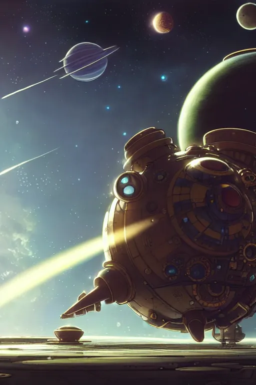 Image similar to steampunk spaceship infront of a planet, exquisite details, denoised, mid view, by karl kopinski, artsation, greg rutkowski, makoto shinkai, takashi takeuchi, studio ghibli