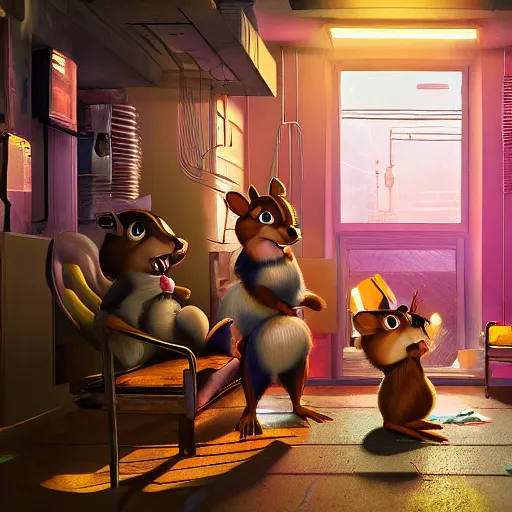 Image similar to Chip and Dale chipmunks in the apartment room in a cyberpunk city, soft god rays from city lights outside the window, unreal engine 5, soft neon atmosphere, photorealistic, soothing colors, somber melancholic matte painting, hyperrealism, hyperrealistic, cinematic masterpiece, cyberpunk style 8k ultrahd octane render