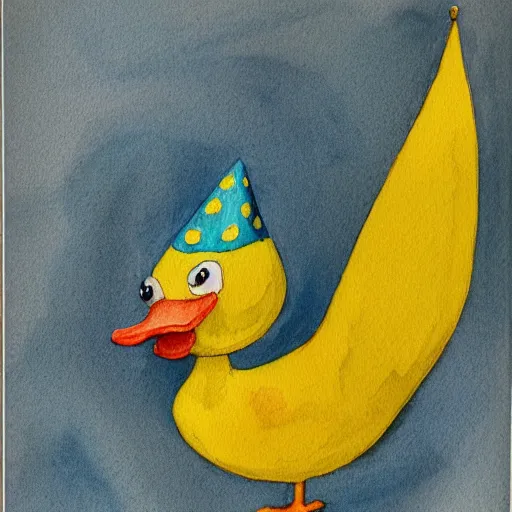 Image similar to watercolor yellow duck with party hat and middle finger pointing up, white background, highly detailed, art,