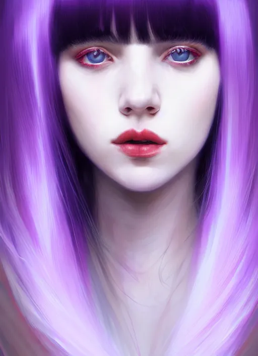 Image similar to hair whitebangs hair, black hair, whitebangs, portrait of teenage girl with white bangs, red irises, purple clothes, white bangs, bangs are different color from hair, intricate, elegant, glowing lights, highly detailed, digital painting, artstation, concept art, smooth, sharp focus, illustration, art by wlop, mars ravelo and greg rutkowski