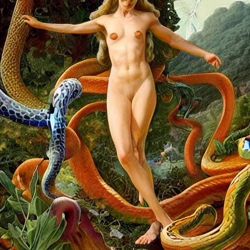 Image similar to Close-up of God being angry in the Garden of Eden. Adam and Eve look very guilty and the snake is leaving the scene quietly - elegant, highly detailed, centered, digital painting, artstation, concept art, artgerm, donato giancola, Joseph Christian Leyendecker, WLOP, Boris Vallejo, Artgerm