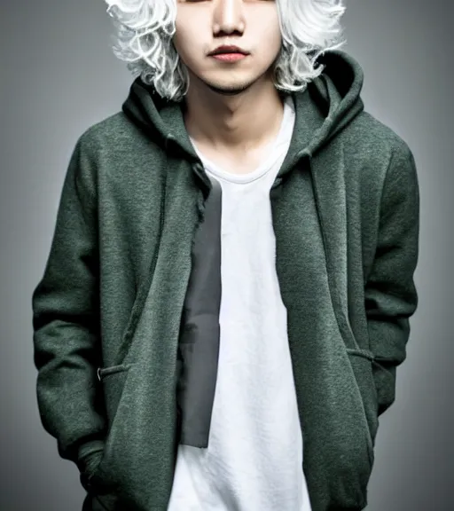 Prompt: nagito komaeda fashion photoshoot, a japanese man with white fluffy longish hair, thin sharp features, extremely pale, gray eyes, green hoodie, fashion photography, dynamic pose, young and beautiful, magazine cover, japanese facial features