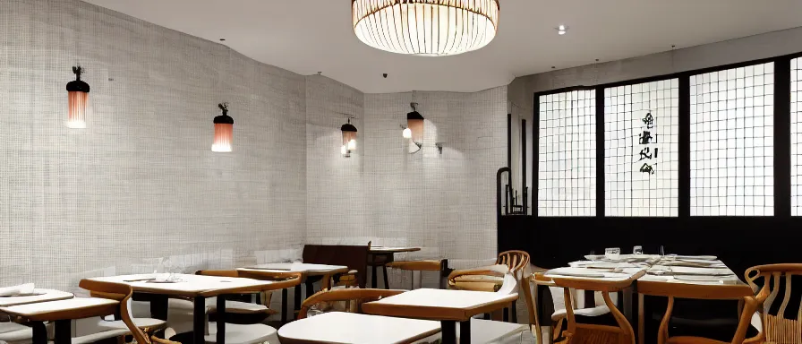 Prompt: a beautiful simple interior 4 k hd wallpaper illustration of small roasted string hotpot restaurant restaurant yan'an, wall corner, from china, yan'an characteristic wall and white tile floor, rectangle white porcelain table, black chair, fine simple delicate structure, chinese style, simple style structure decoration design, victo ngai, 4 k hd
