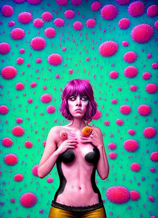 Prompt: hyper detailed 3d render like a Oil painting - Ramona Flowers with wavy black hair wearing thick mascara seen out Eating of the Strangling Suffocating network of colorful yellowcake and aerochrome and milky and Her staring intensely delicate Hands hold of gossamer polyp blossoms bring iridescent fungal flowers whose spores black the foolish stars by Jacek Yerka, Mariusz Lewandowski, silly playful fun face, Houdini algorithmic generative render, Abstract brush strokes, Masterpiece, Edward Hopper and James Gilleard, Zdzislaw Beksinski, Mark Ryden, Wolfgang Lettl, Dan Hiller, hints of Yayoi Kasuma, octane render, 8k