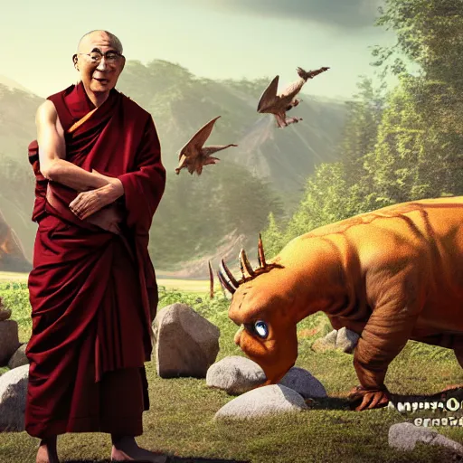 Prompt: a hyper real comic book style portait painting of the dalai lama in the stone age with dinosaurs, unreal 5, hyperrealistic, octane render, cosplay, rpg portrait, dynamic lighting