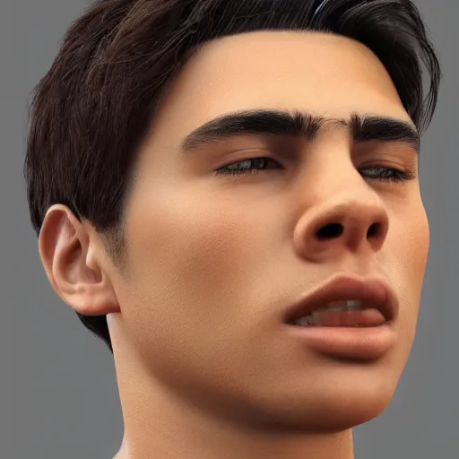Prompt: beautiful 3 d render of a young man with tan skin, brown eyes, short dark hair, clean shaven, handsome, stunning, 4 k, concept art, trending on artstation, moody, ethereal, intricate