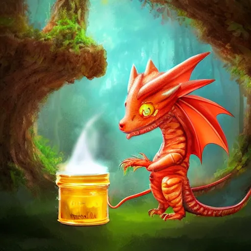 Prompt: image of a little cute dragon in a fantasy forest spitting honey instead of fire, digital art, trending on artstation