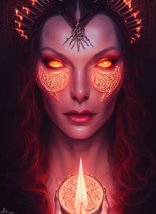 Image similar to portrait of a satanic witch, intricate, elegant, glowing lights, highly detailed, digital painting, artstation, glamor pose, concept art, smooth, sharp focus, illustration, art by artgerm and greg rutkowski, artey freytag