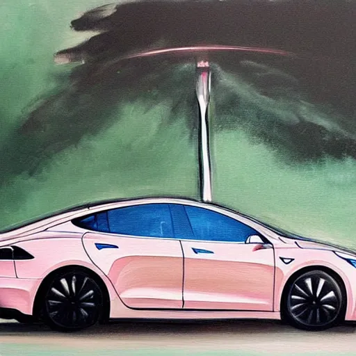 Prompt: a painting of elon musk driving a tesla the camera angle is just right and it's raining