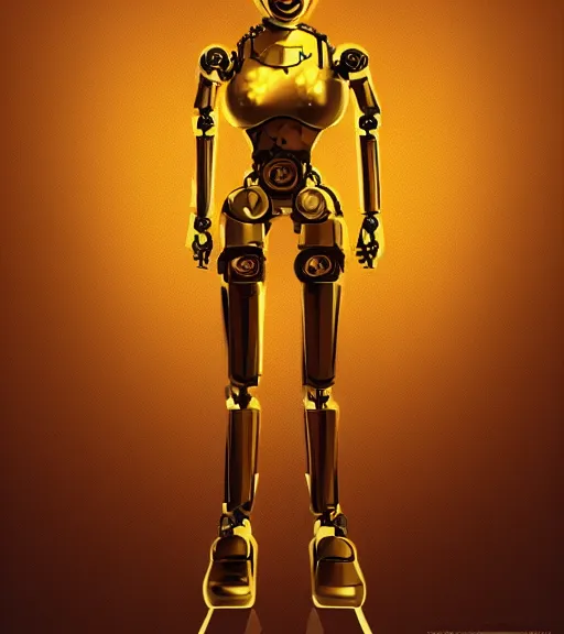 Image similar to a robot wearing a golden dress, full body shot, highly detailed, digital painting, artstation, concept art, smooth, sharp focus, illustration