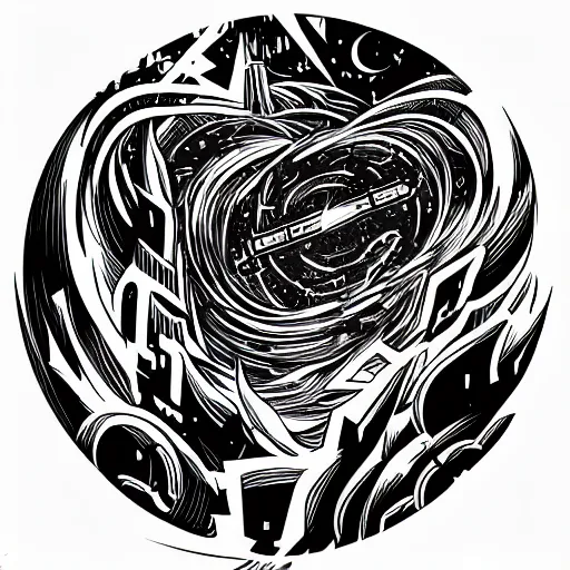 Image similar to tattoo logo black hole with accretion disk rises above the city destroying it with a shockwave, digital art, black and white, vector sticker, art by gonzalo fuenmayor, asher brown durand