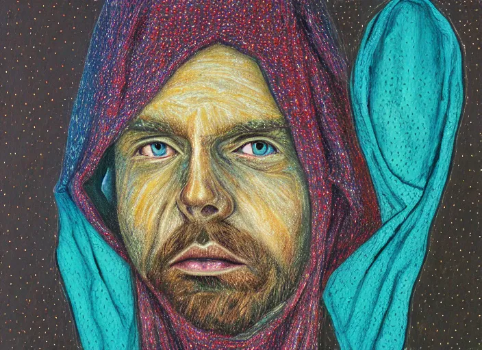 Image similar to man in cloak, hooded figure, oil, pastel, acrylic, oil on canvas, high detail, dots, stippling, clay, high resolution, clay, fractal, drip