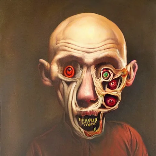 Image similar to the most disturbing oil painting ever made by christian rex van minnen of a portrait of an extremely bizarre disturbing mutated man with intense chiaroscuro lighting perfect composition