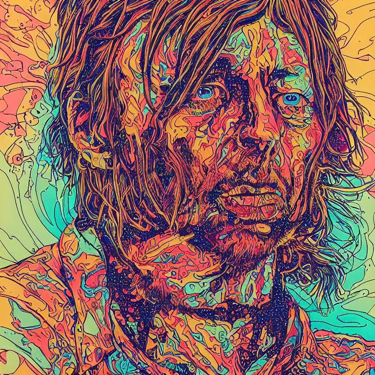 Prompt: beautiful colorful hyperrealist highly detailed psychedelic music poster'zombie thom yorke ', psychedelic art nouveau, beautiful high contrast colored wood engraving, moebius comic style, shocking detail trending on artstation 8 k