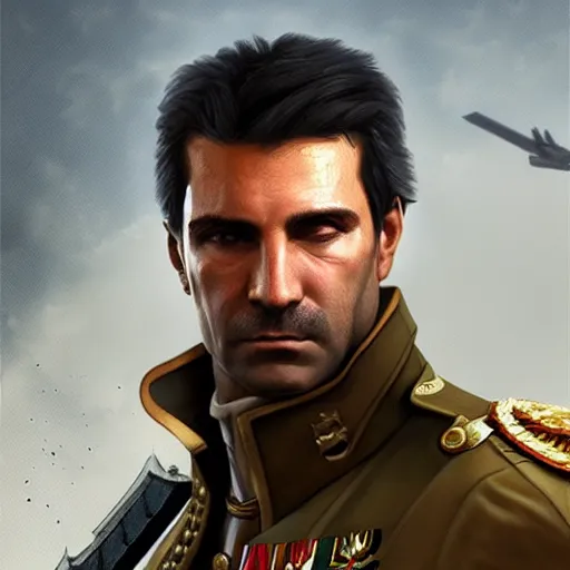 Image similar to Death of Vladimir Putin as General Sebastiano Di Ravello from Just Cause 2 game, portrait, highly detailed, digital painting, artstation, concept art, smooth, sharp focus, illustration, cinematic lighting, art by artgerm and greg rutkowski and alphonse mucha