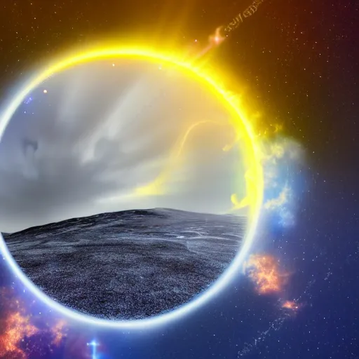 Image similar to open golden space portal with white turbulent smoke and electricity, high detail, photo realistic, 8 k