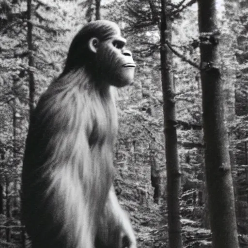 Prompt: 80s polaroid photo of bigfoot in the woods, profile view, very grainy, overexposed, candid flash photography