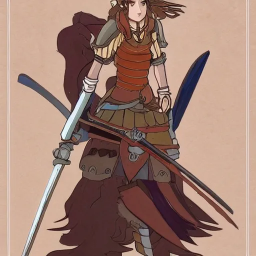 Prompt: medieval warrior girl, highly detailed, artstatsion, studio ghibli, mucha