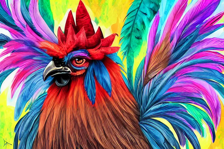 Image similar to digital painting of an ominous rooster with feathers of many colors, by javier medellin puyou and tim lord, portrait, sharp focus, colored feathers, jungle
