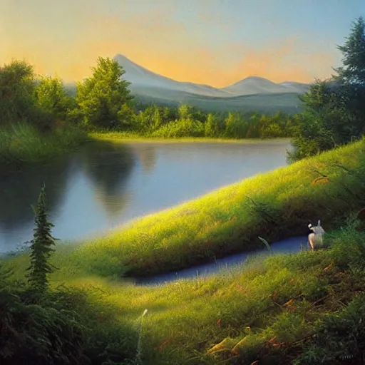 Prompt: by ed roth, by jimmy lawlor robust. the experimental art of two lakes in connecticut, with mountains in the distance.
