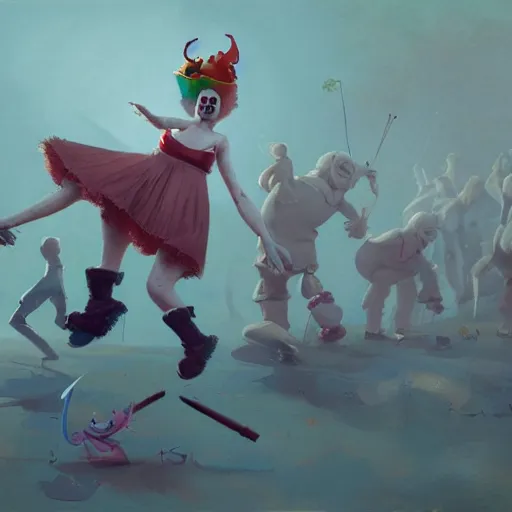 Prompt: a fairy attacking an army of clowns , artwork by Sergey Kolesov, arstation,