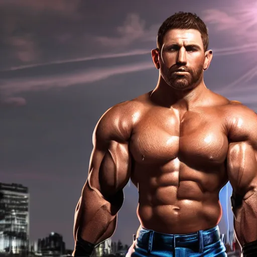 Image similar to a realistic detailed photo of a bodybuilder who is also a male android Chris Redfield, shiny skin, posing robotically, blank stare