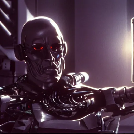 Image similar to movie still of a cool cyborg, cinematic composition, cinematic light, by john carpenter