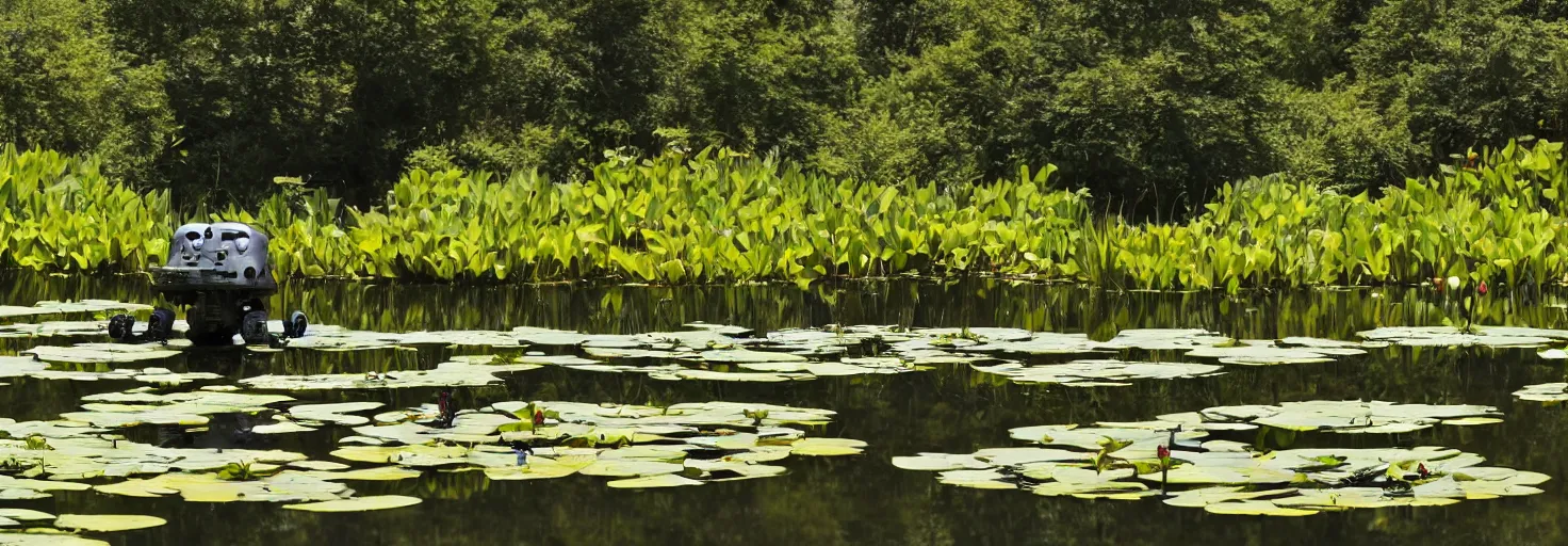 Image similar to A large combat robot lies in the shallow waters of a lake, water lilies float on the surface of the water, golden hour, futuristic