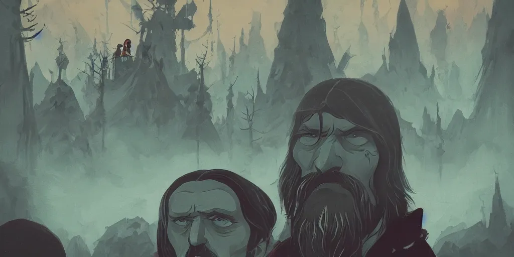 Prompt: Grigori Rasputin traveling through a beautiful Soviet world, horror, illustrated by Anato Finnstark and Hayao Miyazaki, trending on artstation