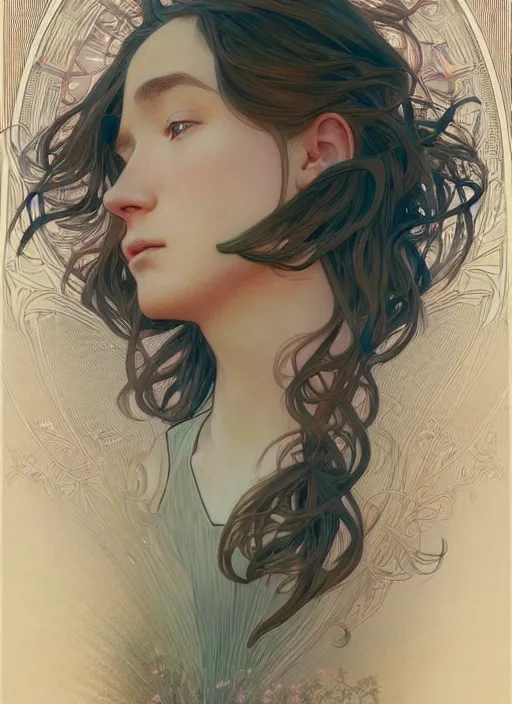 Image similar to pretty young man with shoulder length blond hair, half body shot, path traced, highly detailed, high quality, digital painting, by studio ghibli and alphonse mucha, leesha hannigan, hidari, disney, jules bastien - lepage, art nouveau, android jones, andreas rocha, conrad roset