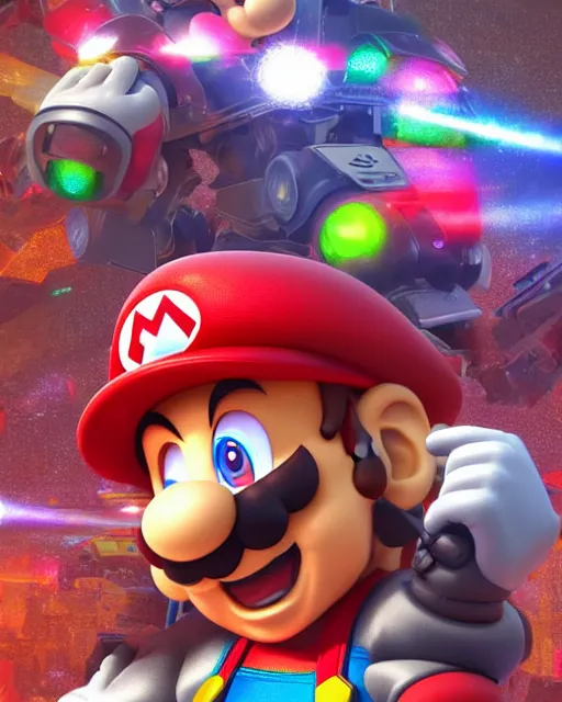 Prompt: Nintendo's Mario as a Mecha, hyperdetailed, full body, LED effects, professional paint job, distressed paint, dynamic low angle shot, photoreal, caustics, octane render, redshift render, Vray render, all in focus, unreal engine, post processing, ultra detailed, trending on artstation