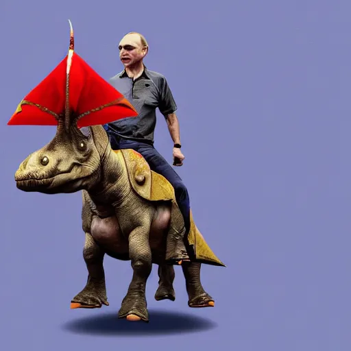 Prompt: Vladimir Putin riding a triceratops, digital art, trending on artstation, 8k, hyper realistic