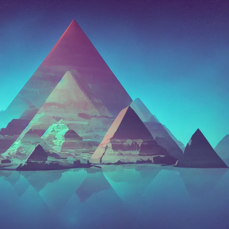 Prompt: A landscape with reflective pyramid, by Jonathan Zawada, beeple and jeremiah ketner, digital art