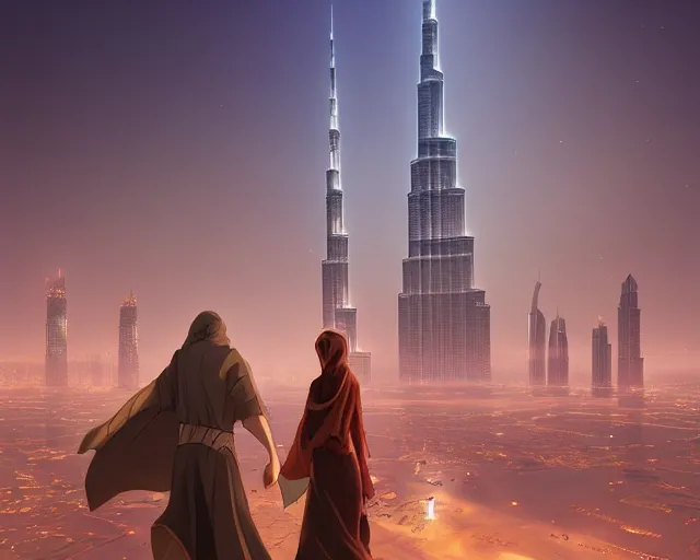 Image similar to dubai city and burj khalifa in front big desert, atmospheric lighting. by makoto shinkai, stanley artgerm lau, wlop, rossdraws, james jean, andrei riabovitchev, marc simonetti, krenz cushart, sakimichan, d & d trending on artstation, digital art.