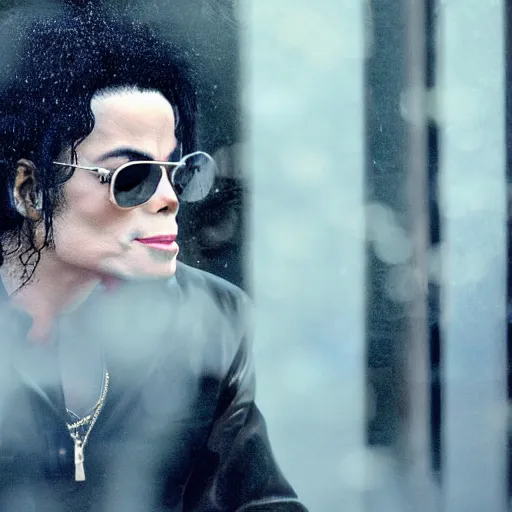 Image similar to michael jackson 2 0 0 9 wearing shades, alone, this is it style, photo real, pores, motion blur, sitting with bubbles the chimp window open, real life, spotted, ultra realistic face, accurate, 4 k, movie still, uhd, sharp, detailed, cinematic, render, modern