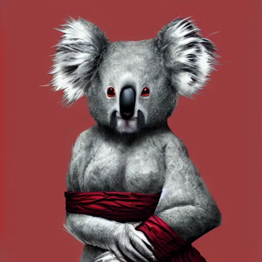 Image similar to an elegant koala dressed in a crimson - black shinobi outfit, digital art by łukasz piskorz and patrick mcenvoy and michael komarck, intricate, highly detailed, artstation, concept art, smooth, sharp focus vector