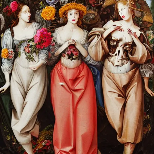 Image similar to oil painting heavy brushstrokes, renaissance, baroque, group of creepy young ladies wearing renaissance long harajuku manga dress with flowers and skulls, background chaotic flowers