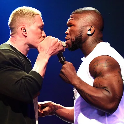 Prompt: 5 0 cent and eminem kissing on stage