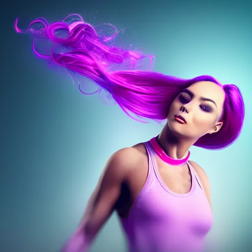 Image similar to a award winning action upper body portrait of a beautiful woman with a ombre purple pink hairstyle with head in motion and hair flying, choker, outrun, vaporware, vivid colors, highly detailed, fine detail, intricate