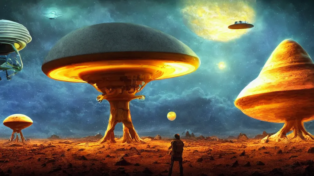 Prompt: UFO and aliens on the planet Venus” Deep Dream, Digital art, concept art, detailed, Art station,3-D 4K, Amazing background, matte painting, Frank Franzettta,