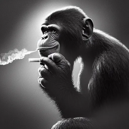 Image similar to a chimp wearing a suit smoking a cigar, dramatic lighting, cinematic, establishing shot, extremly high detail, photorealistic, cinematic lighting, artstation, style by James Gurney