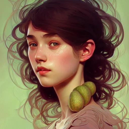 Image similar to Portrait of a girl with a melon, face, casual, intricate, elegant, highly detailed, digital painting, artstation, concept art, smooth, sharp focus, illustration, art by Sam Youn and Fernanda Suarez and Artem Demura and alphonse mucha