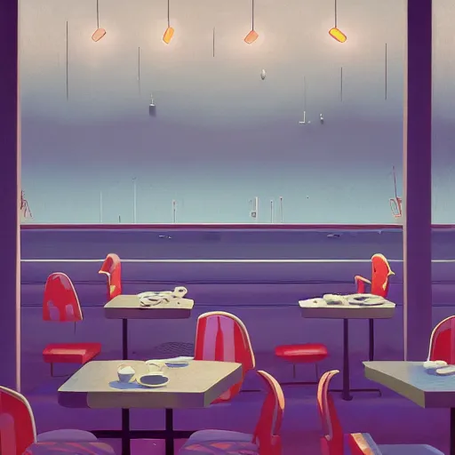 Image similar to inside diner at the beach by simon stalenhag